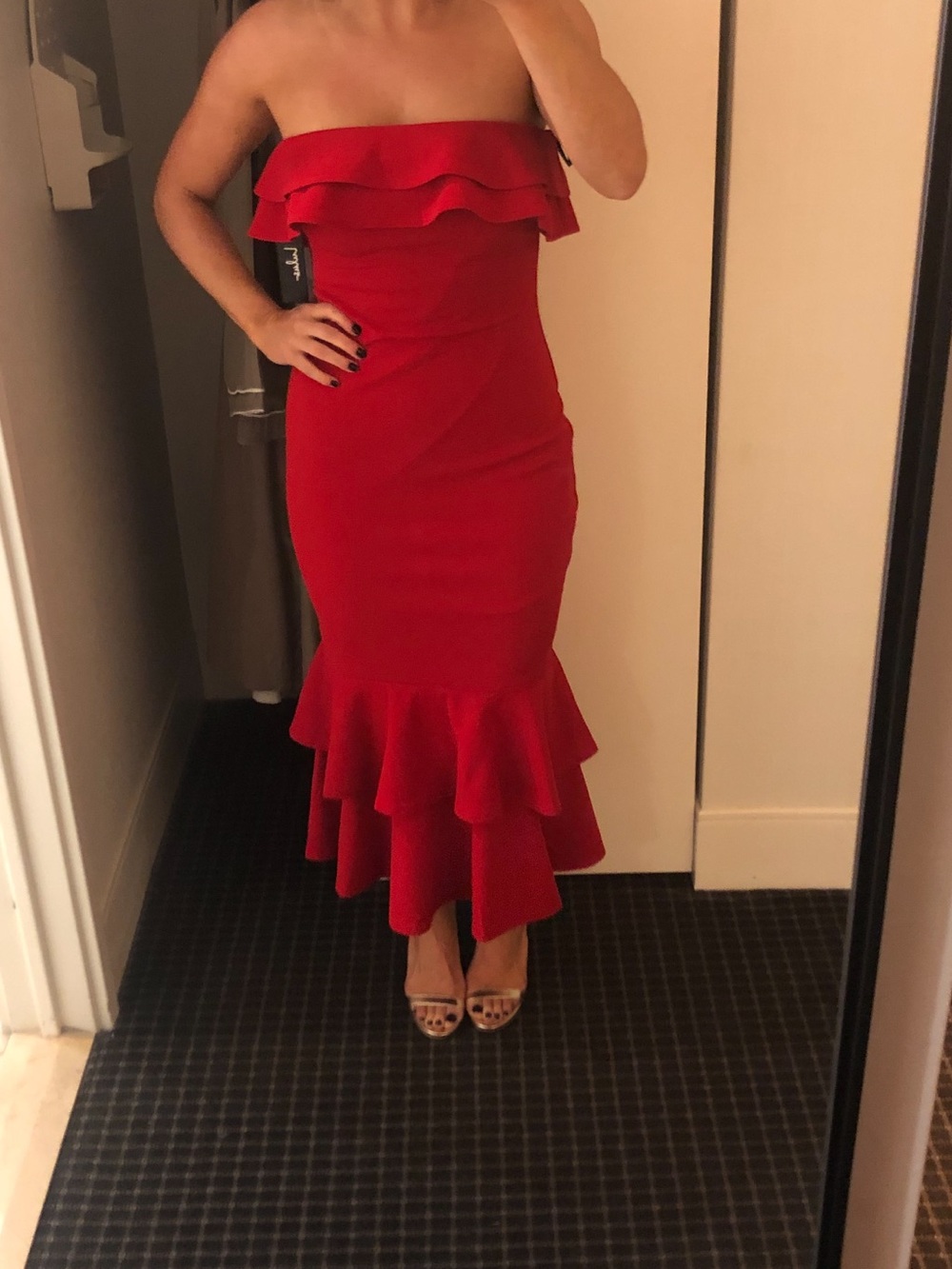 Lulu’s Red Off-Shoulder Ruffle Hem Dress - Picture 3 of 5